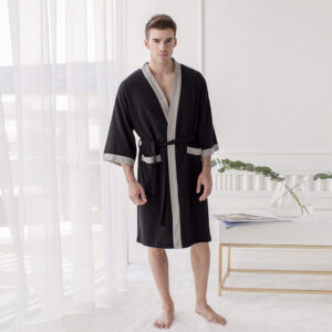 Men's Black Cotton Waffle Bathrobe